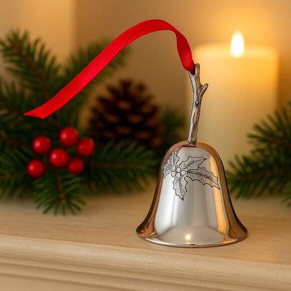Christmas Bell Ornament Silver Metal Etched Poinsettia Holiday Mantel Tree Decor - Picture 1 of 13